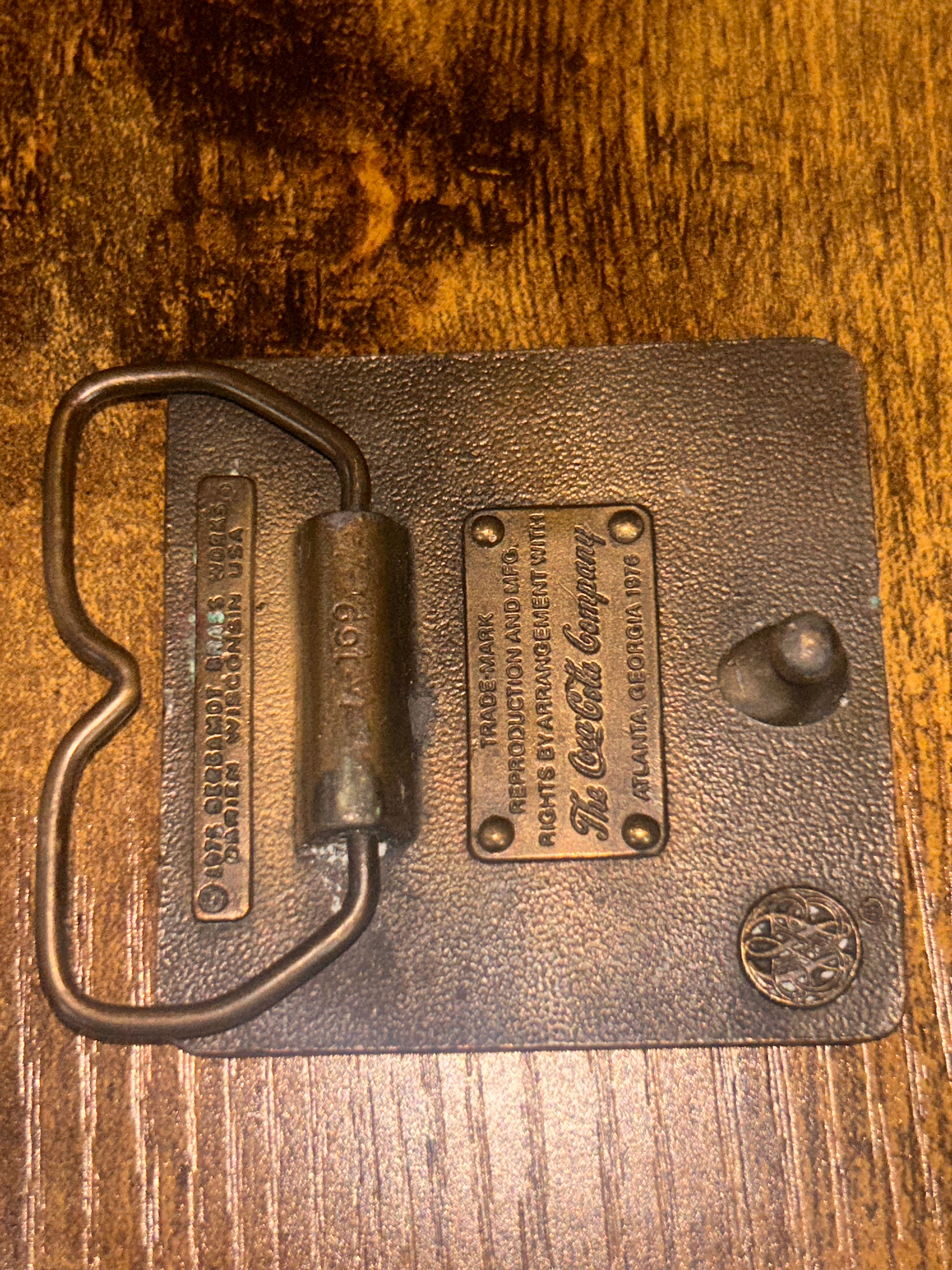 Worn Down - "Enjoy Coke" brass and enamel belt buckle from the 1970s - E1