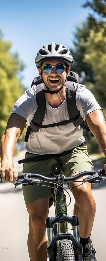 vélo conduit par un homme tout souriant sur une route asphaltage 
