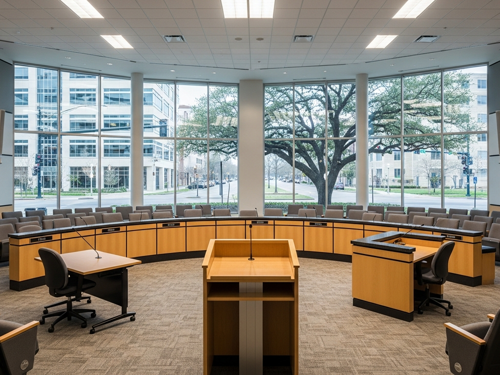 Frisco City Hall council chambers with empty public speaker podium