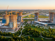 Aerial rendering of Firefly Park and Fields West mixed-use developments rising along the Dallas North Tollway in Frisco, Texas