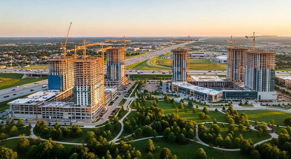 Aerial rendering of Firefly Park and Fields West mixed-use developments rising along the Dallas North Tollway in Frisco, Texas