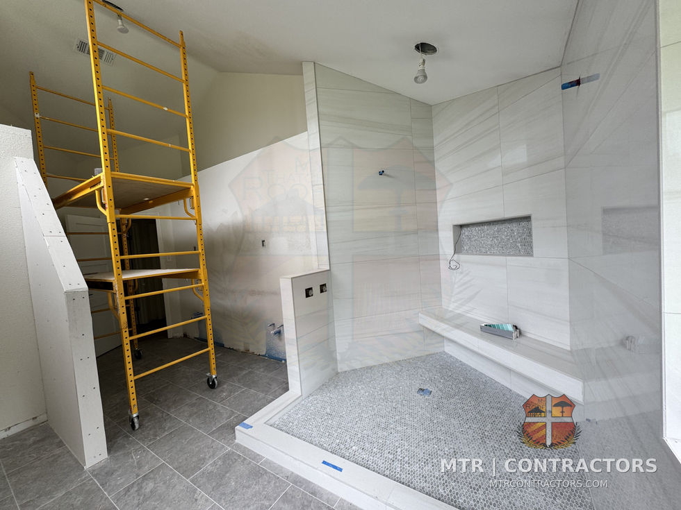 Master shower tile with niche and curb in progress — bathroom remodel by MTR Contractors, Frisco TX