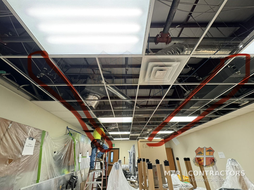 New LED lighting and conduit above the ceiling grid — commercial remodeling in Frisco, TX