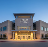 Frisco City Hall at 6101 Frisco Square Boulevard with residents gathered outside during the May 19 City Council meeting
