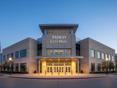 Frisco City Hall at 6101 Frisco Square Boulevard with residents gathered outside during the May 19 City Council meeting