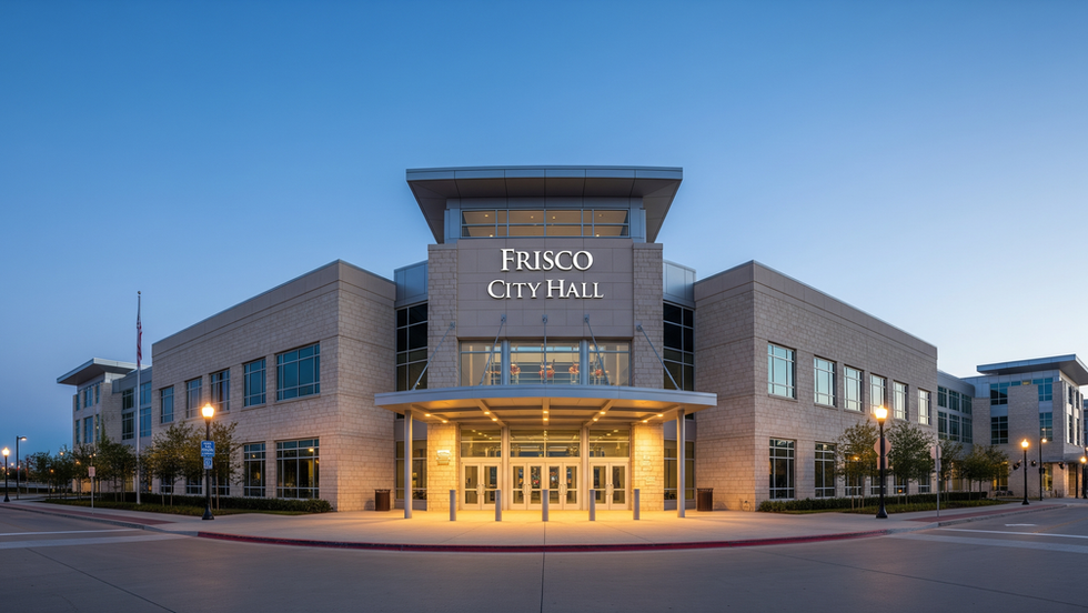 Frisco City Hall at 6101 Frisco Square Boulevard with residents gathered outside during the May 19 City Council meeting