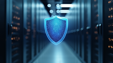 Modern-data-center-infrastructure-integrated-with-cyber-security-shield-clean-studio-light