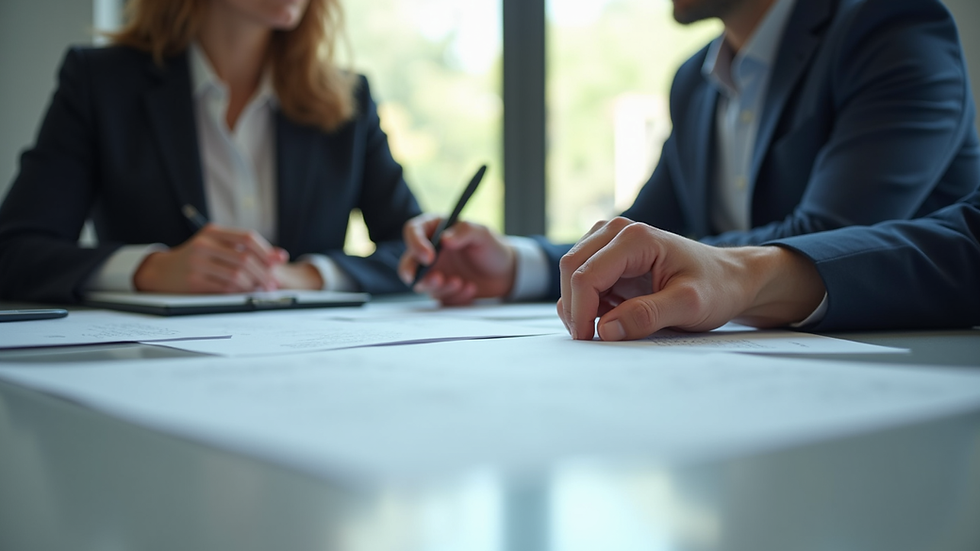 Eye-level view of a business meeting discussing compliance documents