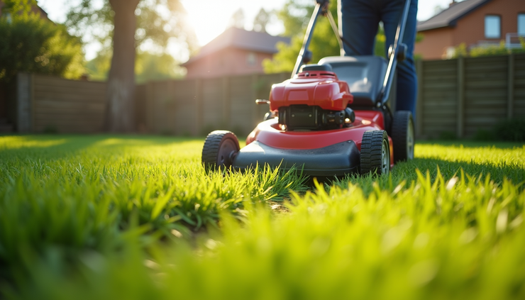 Eye-level view of a small lawn mower cutting grass in a suburban garden