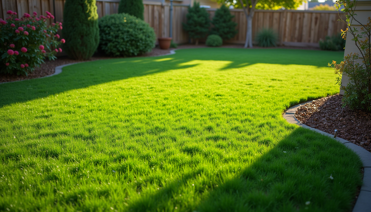 High angle view of a well-maintained garden with freshly cut grass and trimmed edges