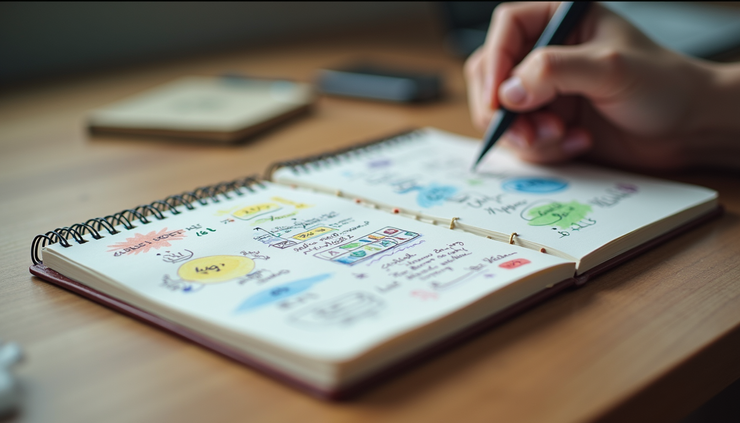 Eye-level view of a notebook with colorful sketches and notes on a wooden desk