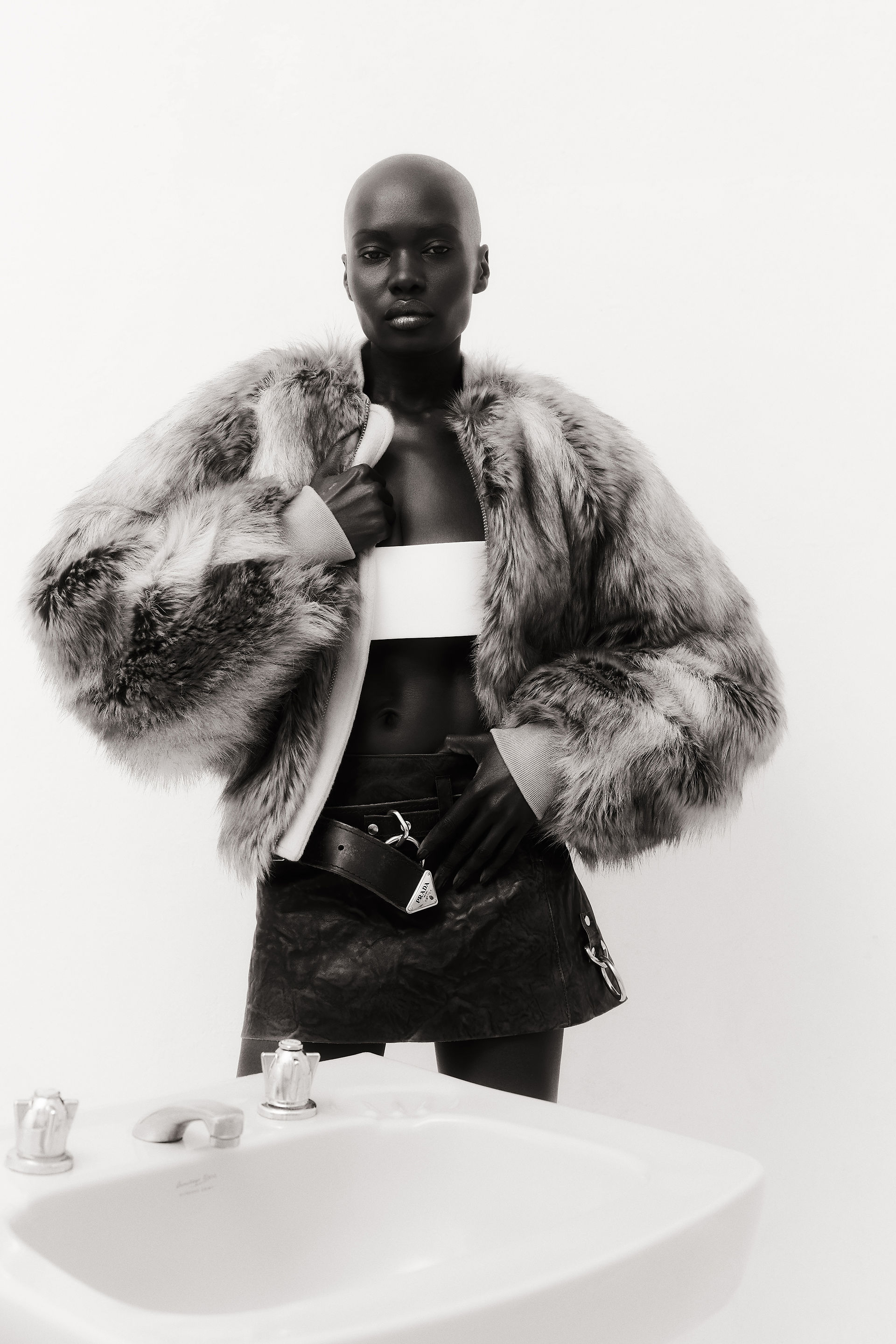 5ELEVEN Magazine Fashion Stories Editorials Digital with Sudanese model Halla Madol by Stephanie Cammarano. Wearing looks from Courrèges, Jimmy Choo, Loewe, Prada, Magda Butrym,  Rick Owens, Panconesi, Toteme, 
