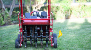 Red grass lawn aerator