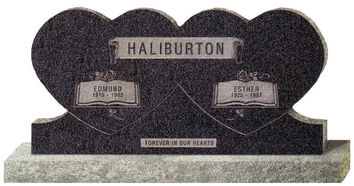 A cemetery monument shaped like a double heart in black