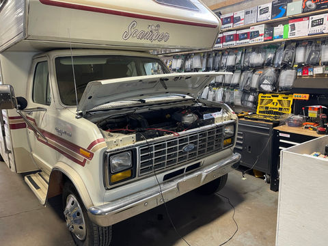 An RV parked inside the workshop for repairs
