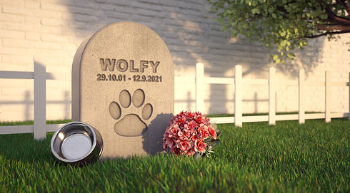 Pet grave in the garden. Gravestone with the dog's name_