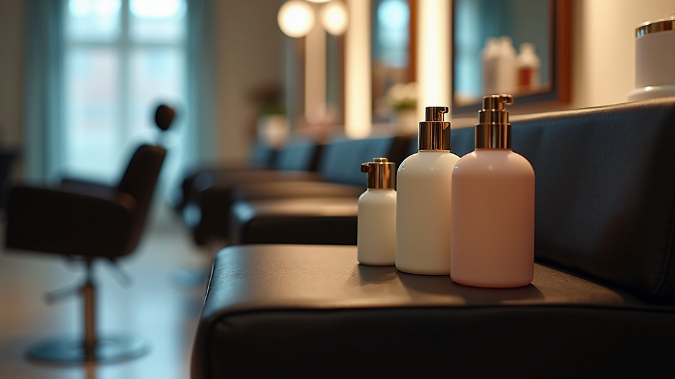 Eye-level view of salon chair with hair care products arranged neatly