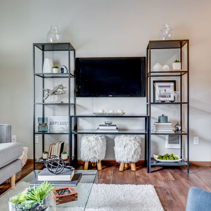 model home design, short-term rental designer, Interior Remodeling, glass and metal bookcase, wall mount T.T. Ikat pillows, glass coffee table, living room ideas, interior designer, interior design, home staging, virtual design, Killeen, 