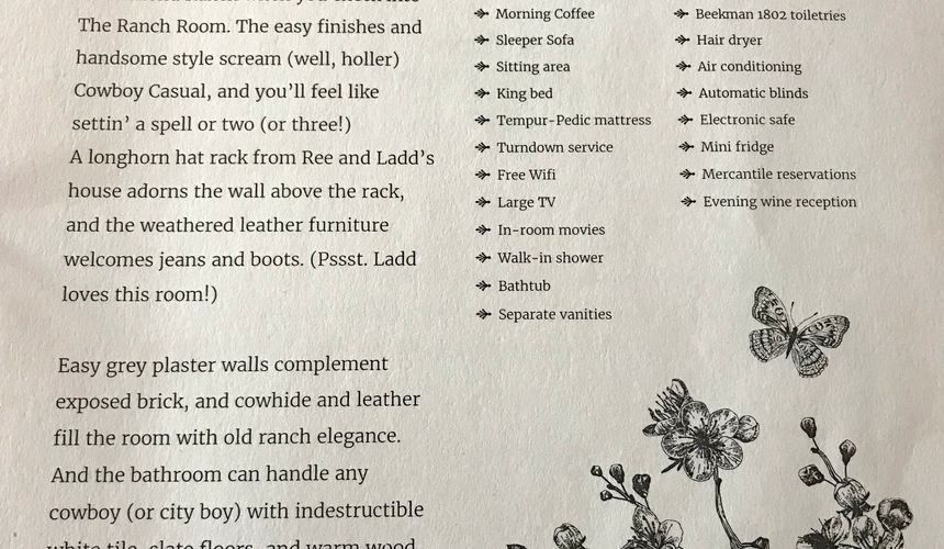 Room description, The Ranch Room, Pioneer Woman Boarding House Hotel, Pawhuska, Oklahoma