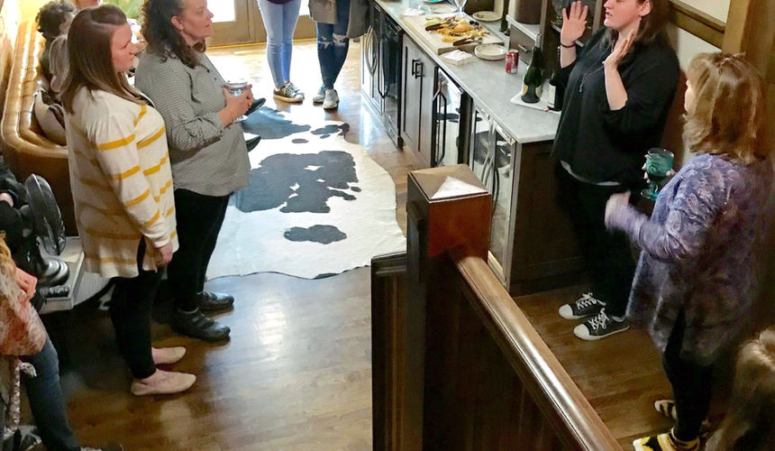Complimentary Happy Hour wine reception, Pioneer Woman Boarding House Hotel amenities, Pawhuska, Oklahoma