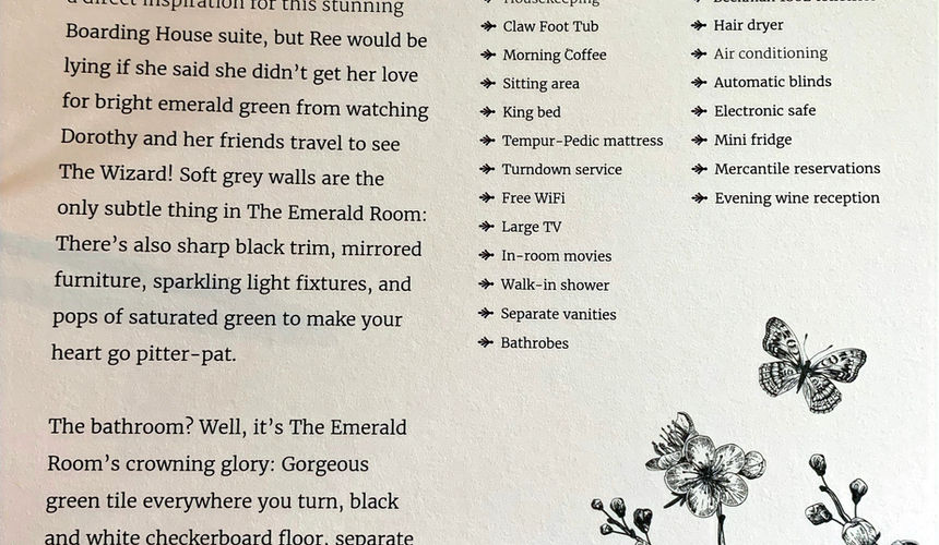 Description Pioneer Woman Emerald room, Pioneer Woman Boarding House Hotel, Pawhuska, Oklahoma