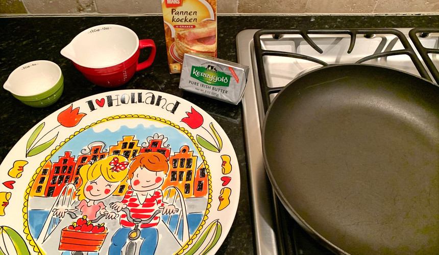 Dutch Pancake Pannenkoeken set up, Blond Amsterdam plate, Kerrygold butter, Koopmans mix, Pancake skillet