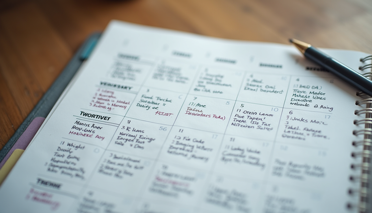High angle view of a calendar planner with social media content schedule