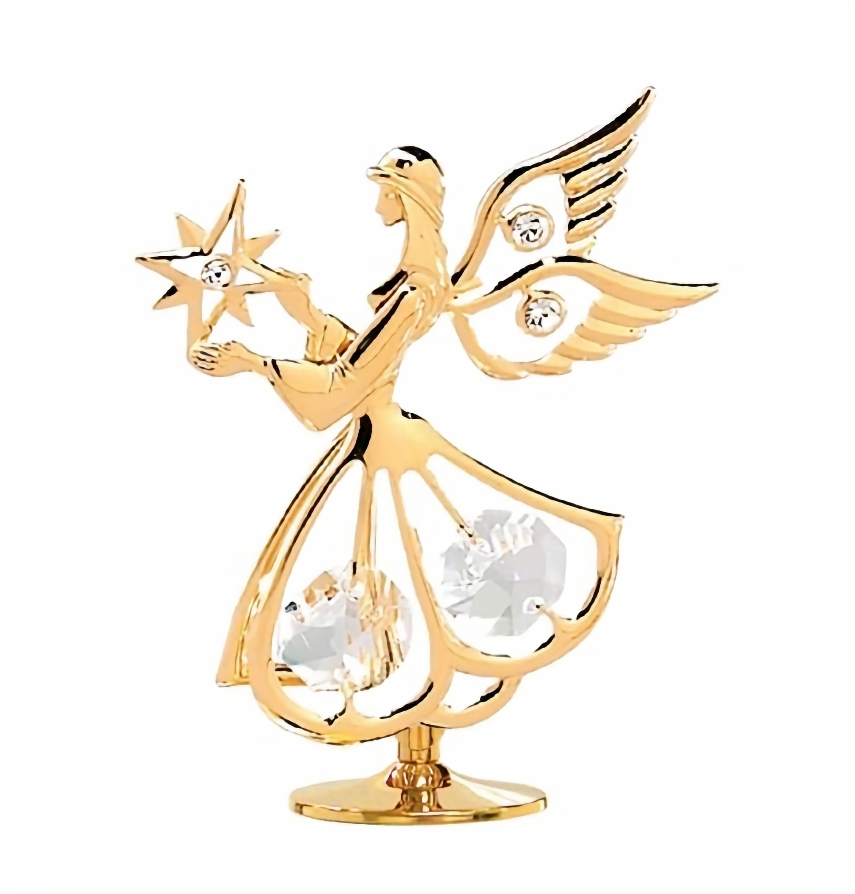 24K GOLD PLATED MINI ANGEL W/STAR W/CLEAR SWAROVSKI ELEMENT CRYSTAL FREE STAND
