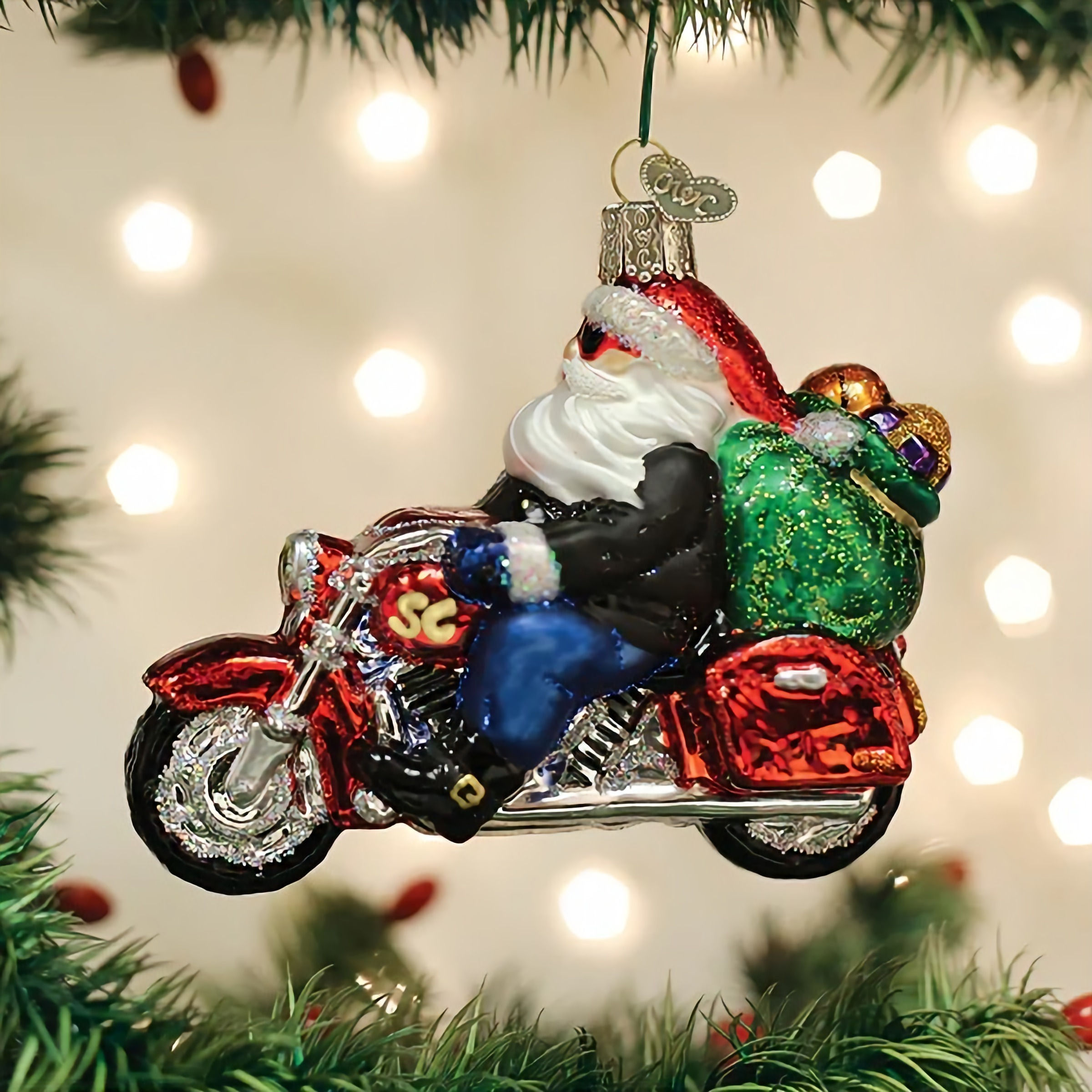 Old World Christmas Biker Santa Glass Ornament