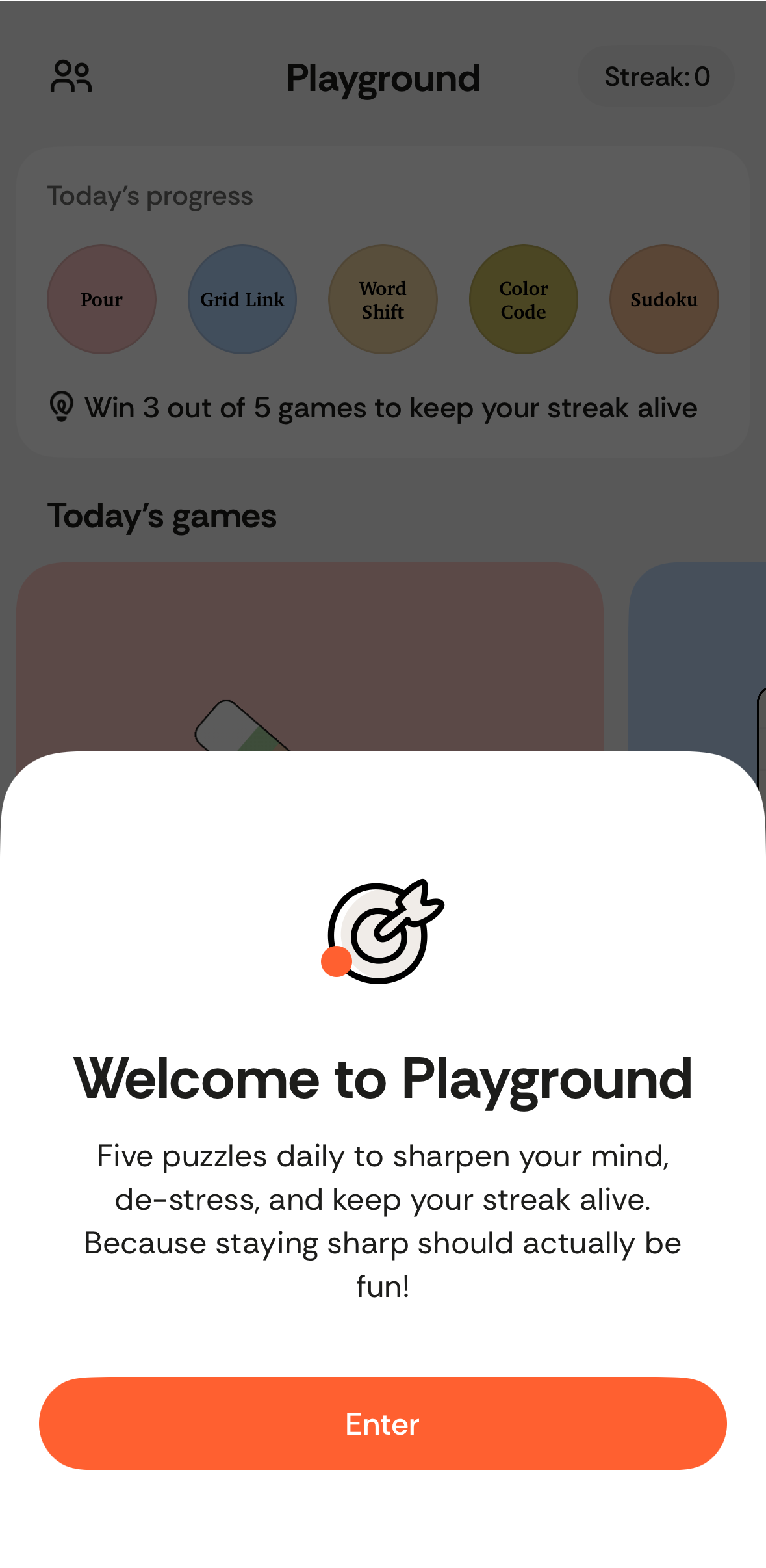 Playground app welcome screen with a white modal, target icon, text about five daily puzzles, and an orange Enter button