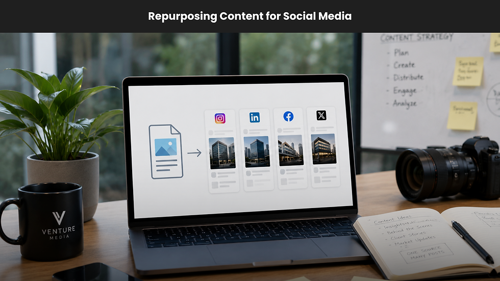 Laptop showing content repurposing for Instagram, LinkedIn, Facebook and X on a desk with plant, camera, mug, and notebook