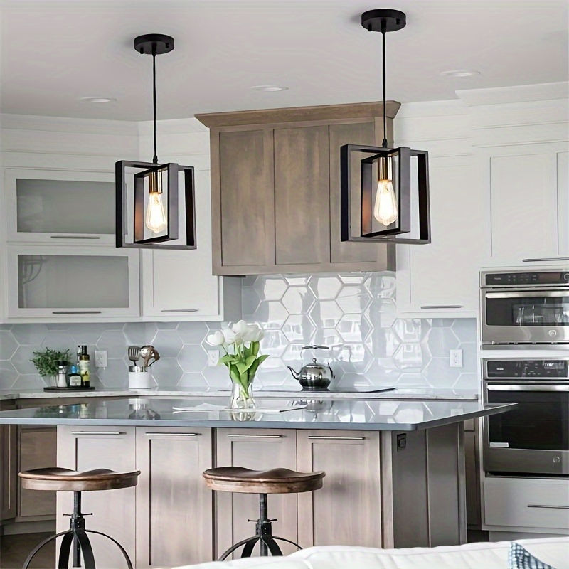 Thumbnail: Black Iron Art Pendant Light Fixture with Wood Frame, Semi Flush Mount Ceiling L