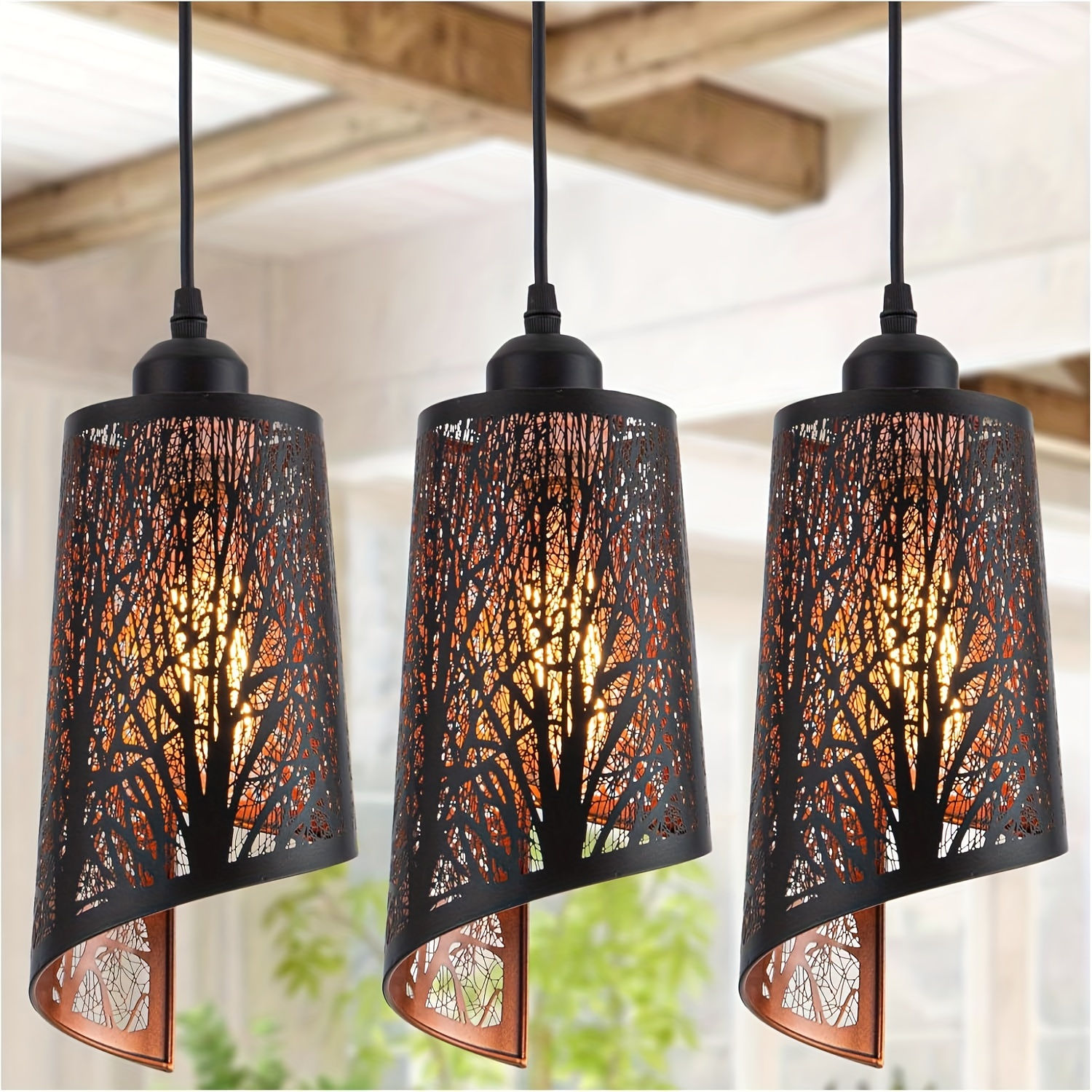 3pcs Vintage-Inspired Industrial Black Pendant Lights with Golden Accents - Uniq