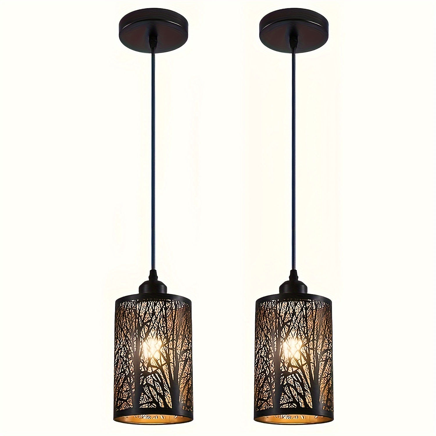 2pcs Vintage Industrial Black Pendant Lights - Rustic Farmhouse Hollow Carved De
