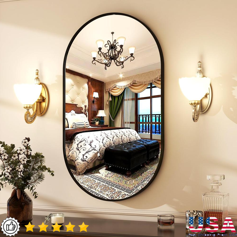 Modern Oval Bathroom Mirror Brushed Metal Frame Wall Mounted HD Glass Vanity Dec