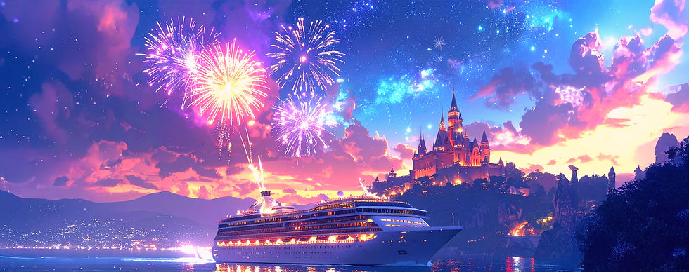 Firefly_cruise ship on the ocean with fireworks in the sky and a castle in the background_