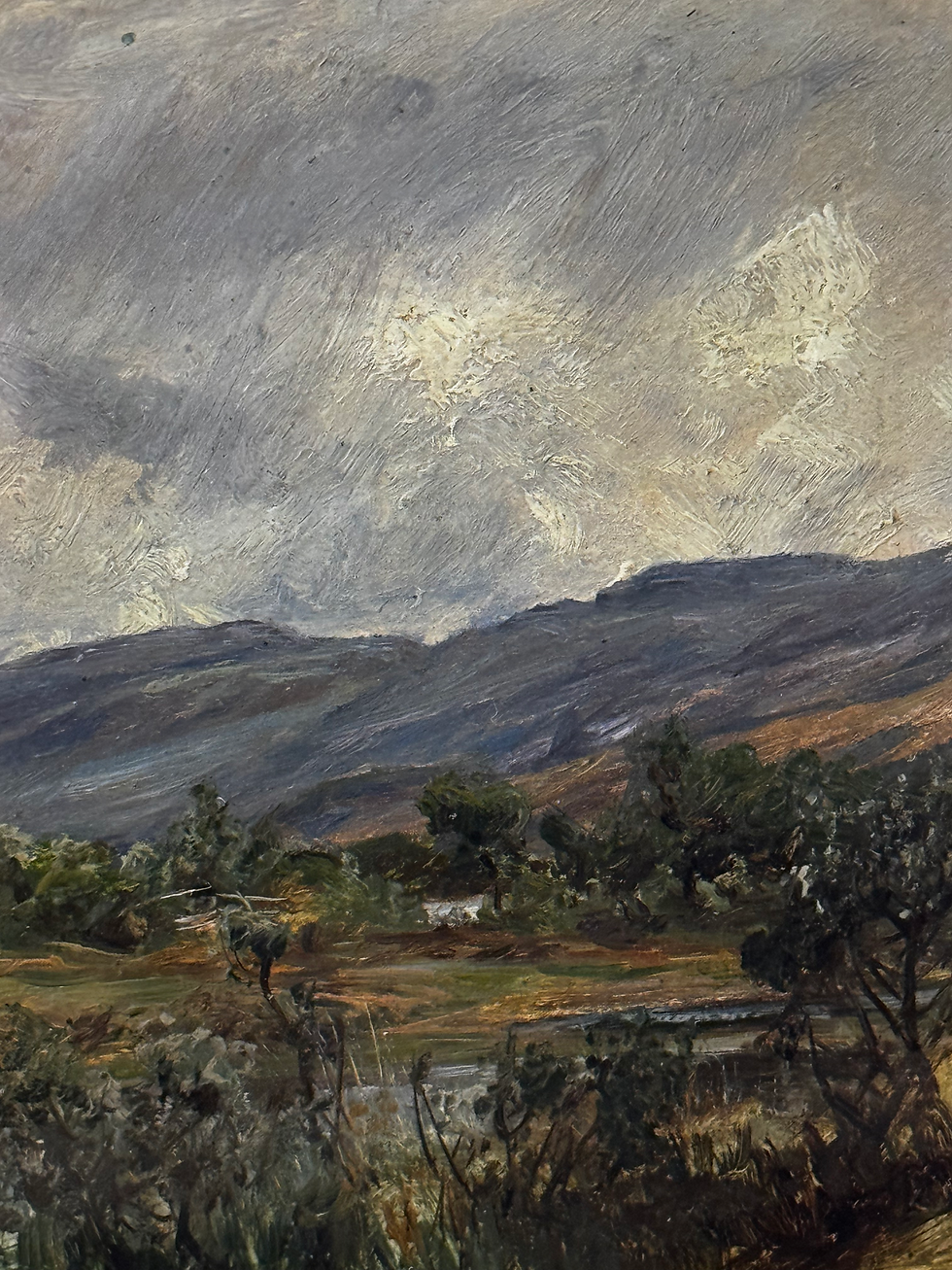 Thumbnail: Antique Early 20th Century Oil Painting  ‘Figures Harvesting Under Changing Skie
