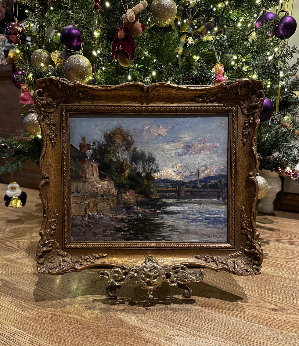 Thumbnail: Antique 19th Century Oil Painting ‘River Landscape with Cottage & Bridge’ 