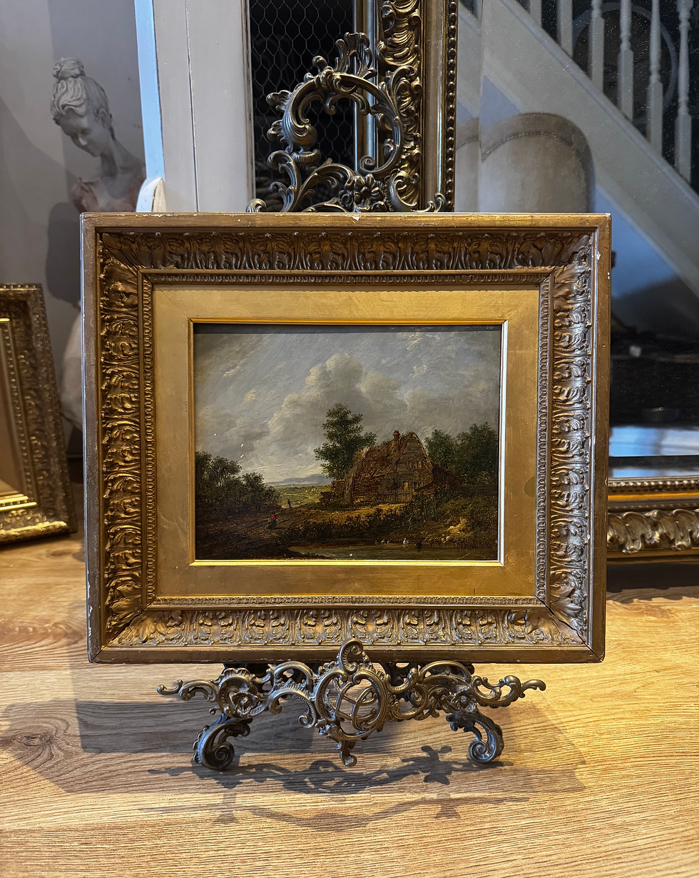 Thumbnail: Antique Victorian Oil Painting ‘Landscape with Cottage, Pond & Figures’ £1