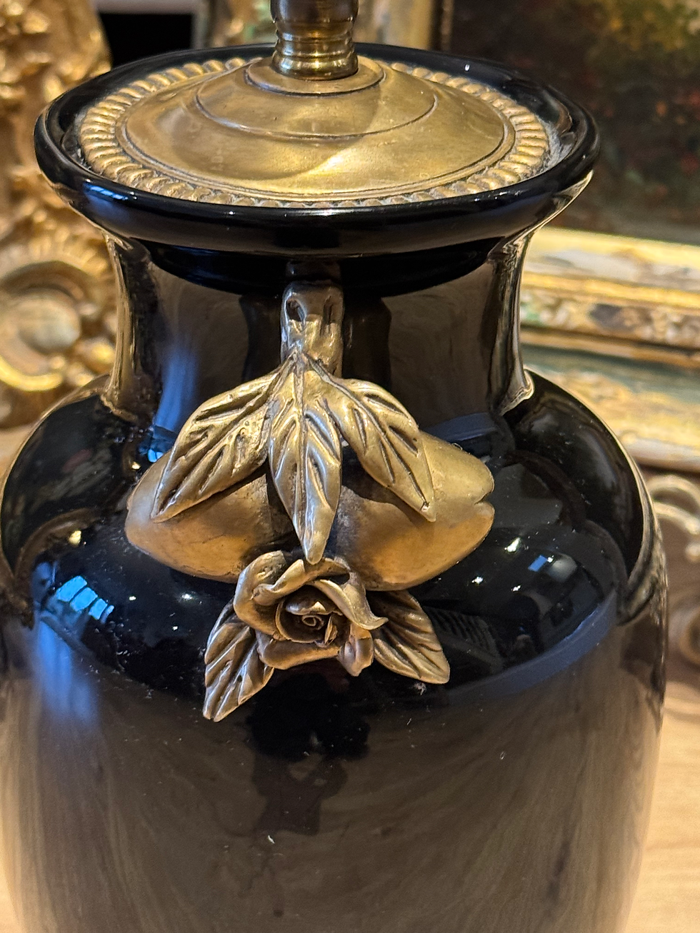 Thumbnail: Antique French Glazed Porcelain Black Table Lamp 