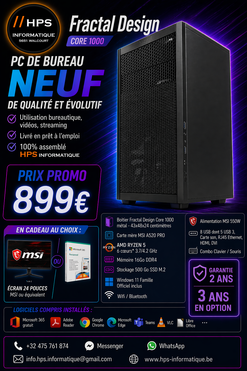 NEUF PC Fractal Design AMD Ryzen 5 6coeurs W11 Microsoft 365 Personnel 500G 16Go