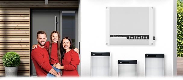 LG red family standing next to LGES-5048 inverter and LG RESU's