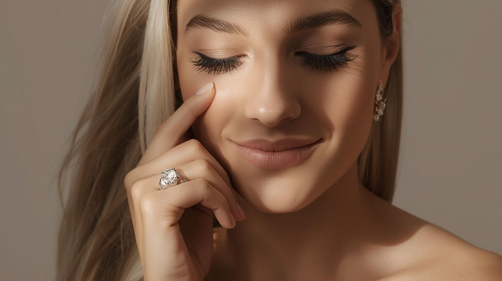Woman with long blonde hair and closed eyes, smiling softly, touches her cheek. She wears a sparkling ring and earrings. Soft lighting.