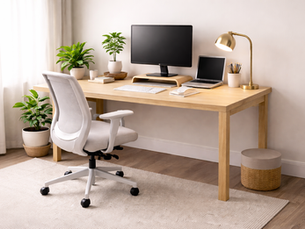 Minimalist home office desk setup featuring a light wood desk, ergonomic chair, monitor on a wooden stand, soft desk lighting, and simple desk organization for creatives working from home.