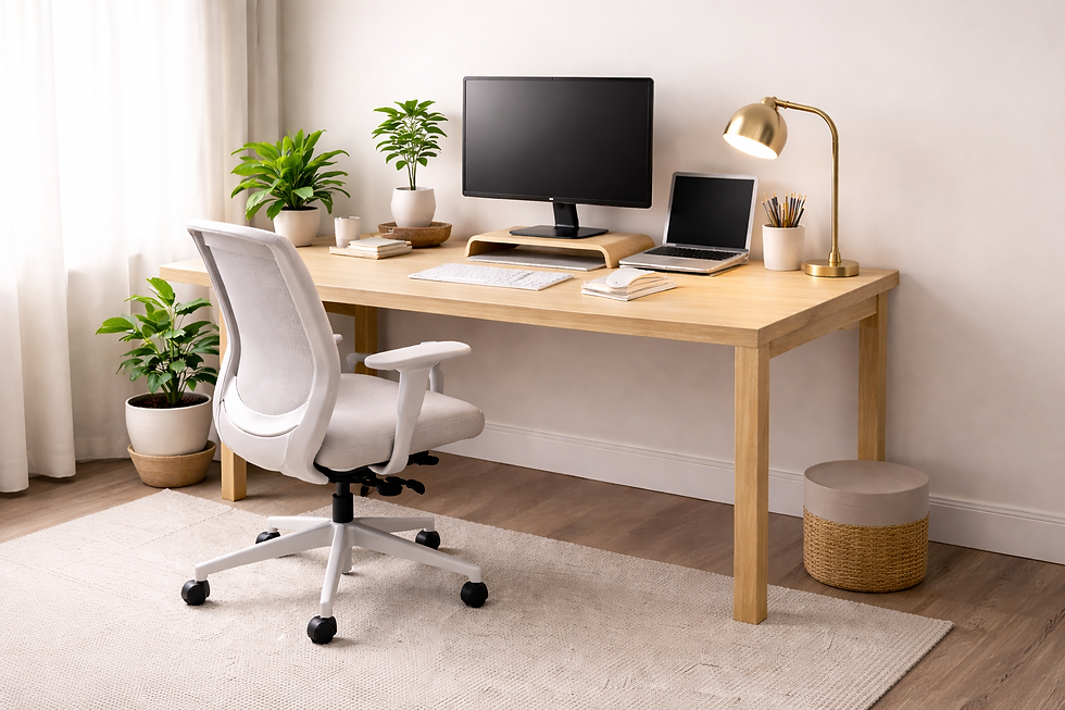 Minimalist home office desk setup featuring a light wood desk, ergonomic chair, monitor on a wooden stand, soft desk lighting, and simple desk organization for creatives working from home.