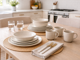 Bright and neutral Airbnb kitchen with modern decor, clean dishware, and a welcoming coffee station designed for comfort and functionality