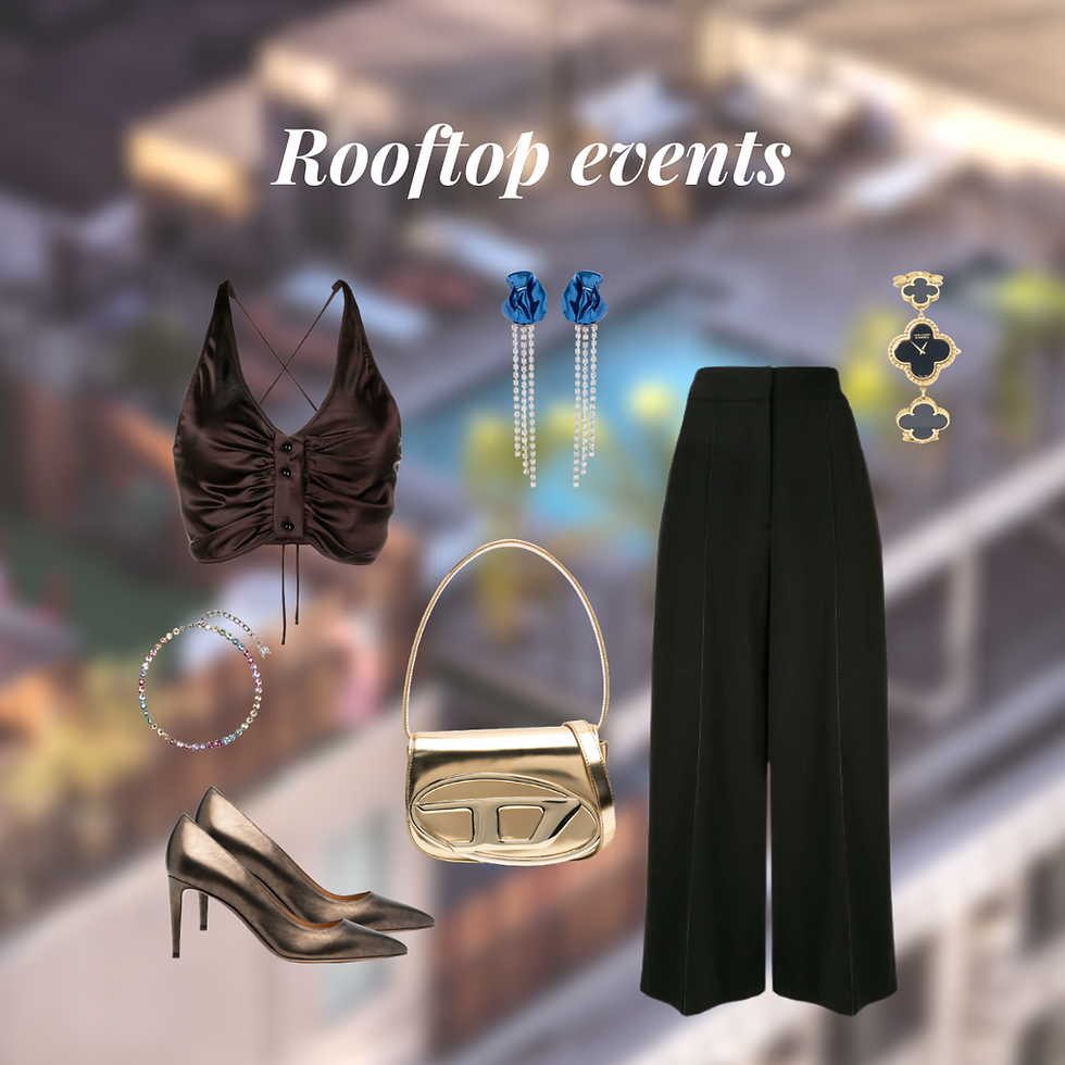 Fancy party outfit inspiration: diesel bag, wide legged pants, van cleef & arpels