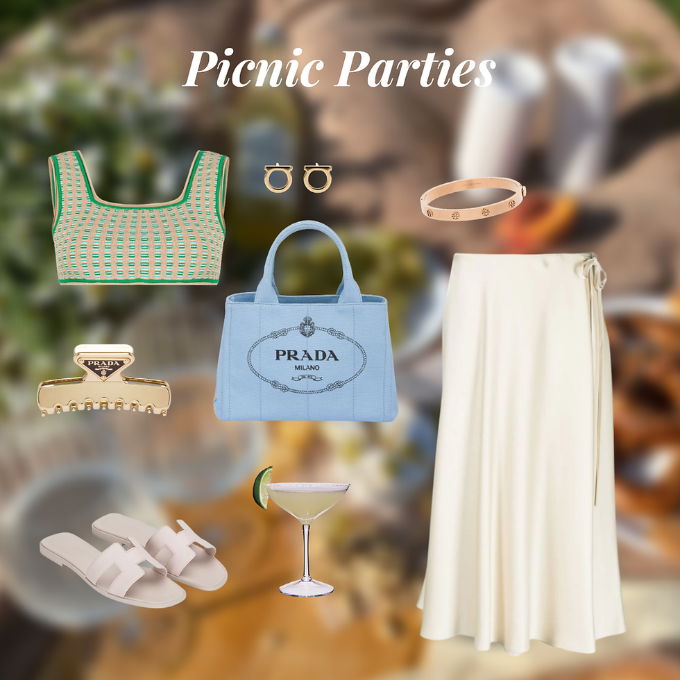 Summer picnic outfit inspiration: silk skirt, tank top, cartier love bracelet, gold earrings, prada
