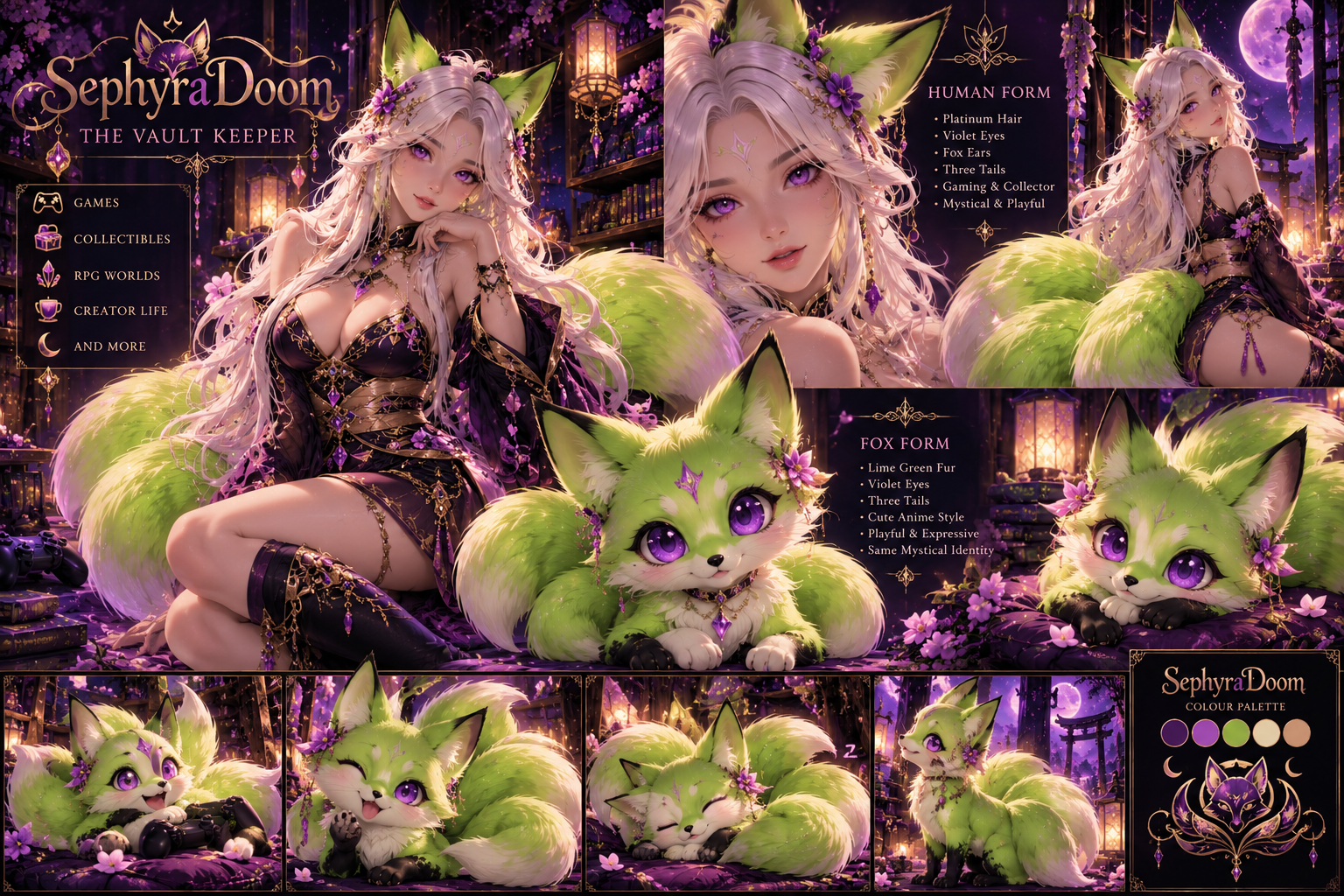 SephyraDoom character artwork showing platinum-haired kitsune and adorable lime-green fox form with large violet eyes and three tails