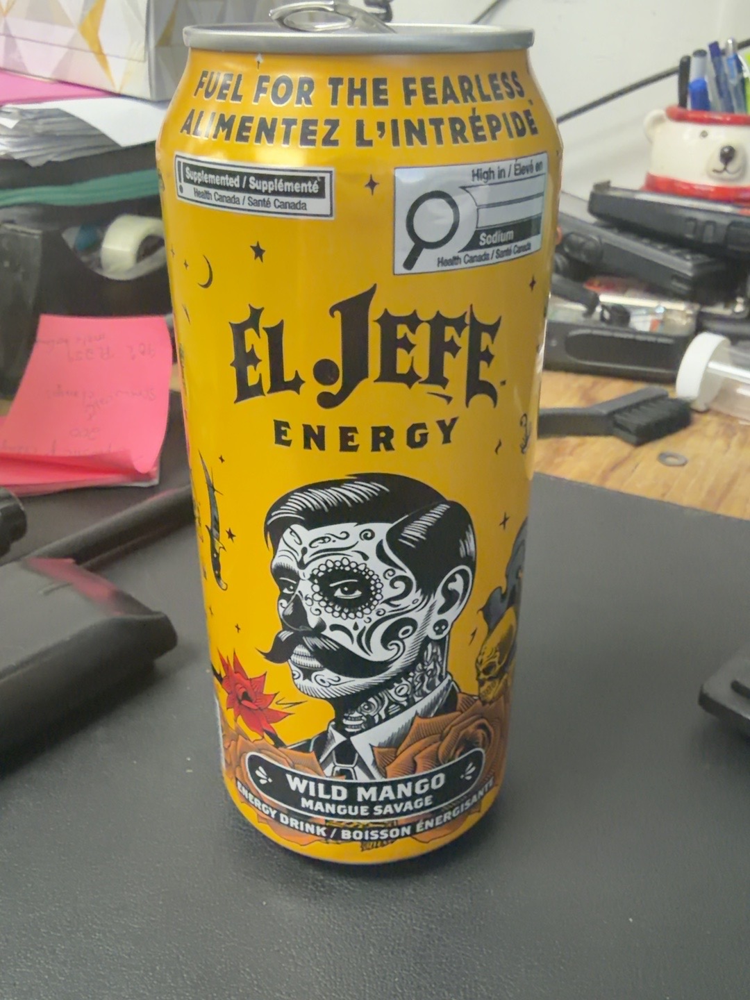 Yellow El Jefe Energy Wild Mango can photographed for the first royal snack discovery